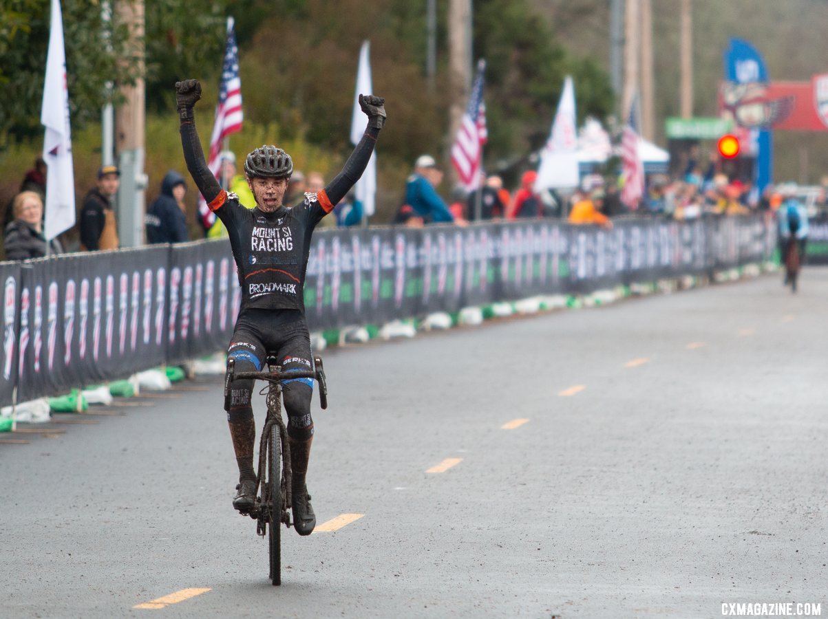 Jack Spranger celebrates his comeback win. Junior Men 15-16. 2019 Cyclocross National Championships, Lakewood, WA. © A. Yee / Cyclocross Magazine