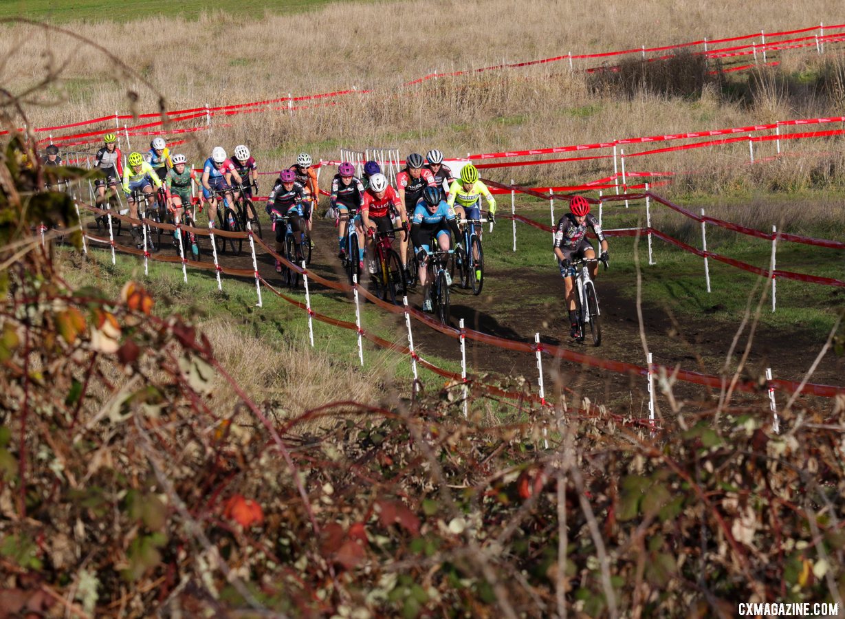 The field heads up to the base of the first climb, led by Heidi Wood. Masters Women 35-39. 2019 Cyclocross National Championships, Lakewood, WA. © D. Mable / Cyclocross Magazine