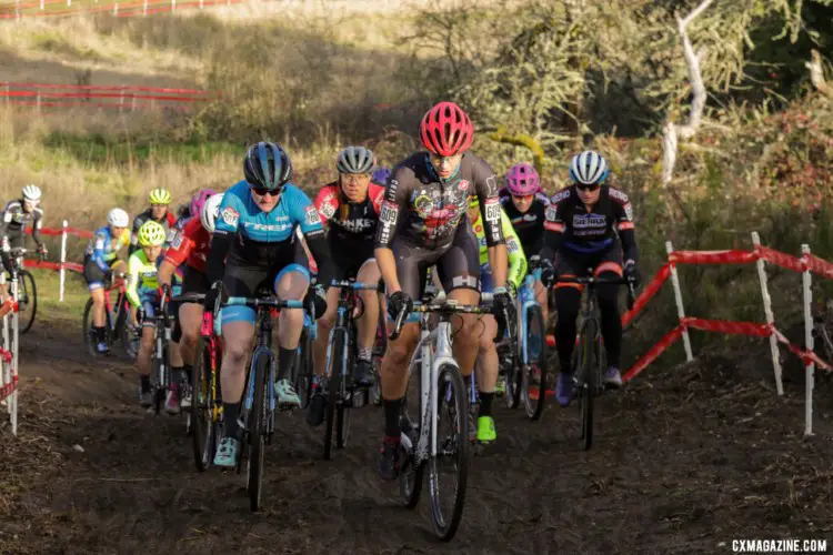 Heidi Wood leads the field to the base of the first climb. Masters Women 35-39. 2019 Cyclocross National Championships, Lakewood, WA. © D. Mable / Cyclocross Magazine