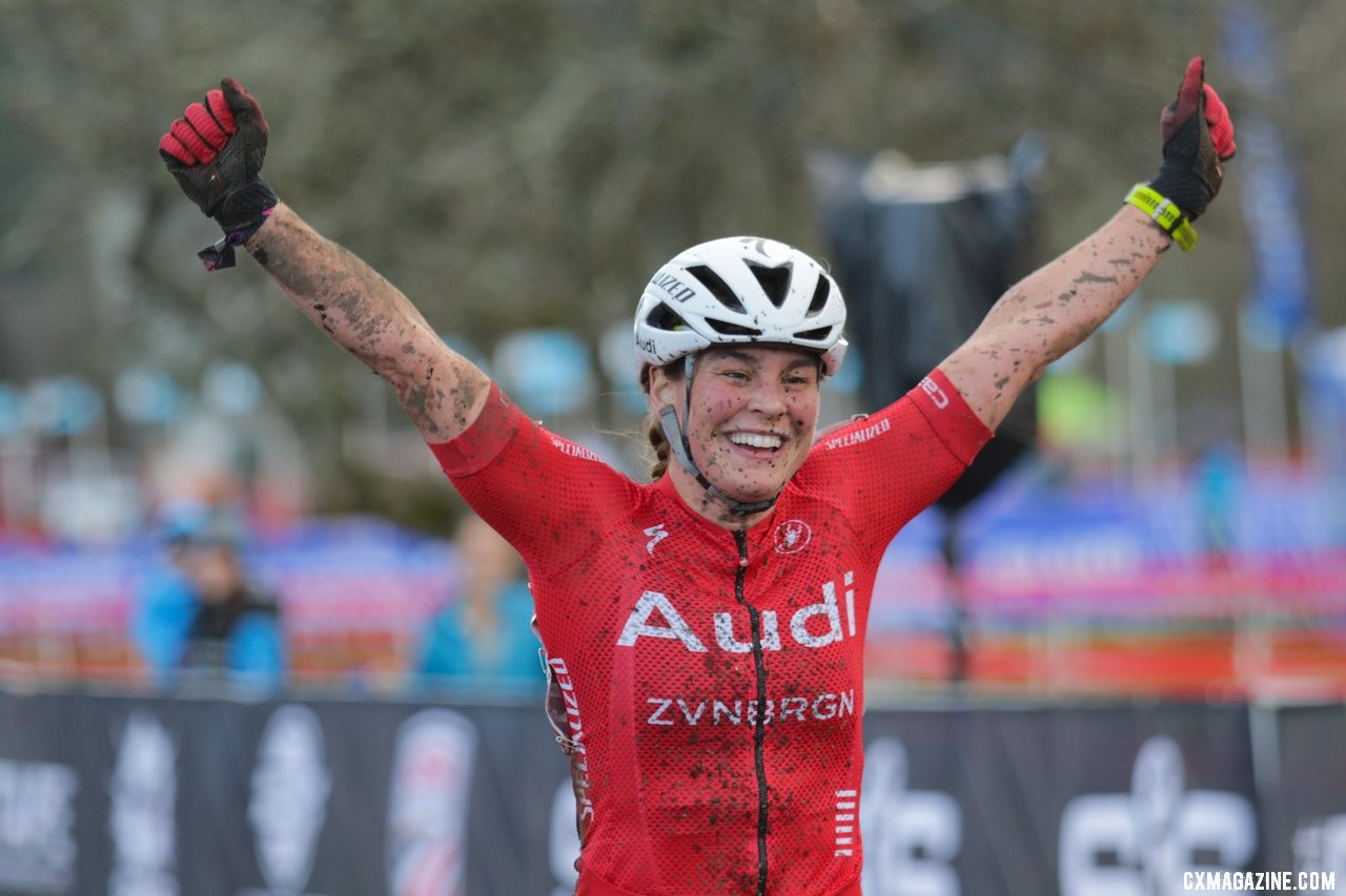 Laura Matsen Ko ran away to a a Masters Women 35-39 title in her rookie season of cyclocross. 2019 Cyclocross National Championships, Lakewood, WA. © D. Mable / Cyclocross Magazine