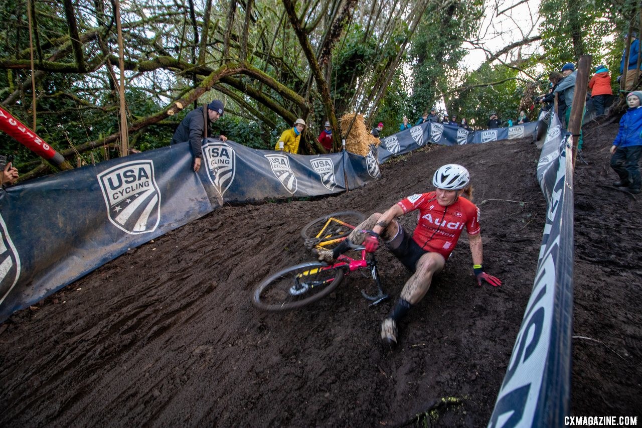 Laura Matsen Ko takes a fall, but keeps her cool and the lead. Masters Women 35-39. 2019 Cyclocross National Championships, Lakewood, WA. © A. Yee / Cyclocross Magazine