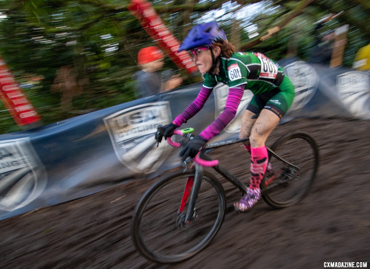 Holly Lavesser concentrates as she drops into the challenging disco drop descent. Masters Women 35-39. 2019 Cyclocross National Championships, Lakewood, WA. © A. Yee / Cyclocross Magazine