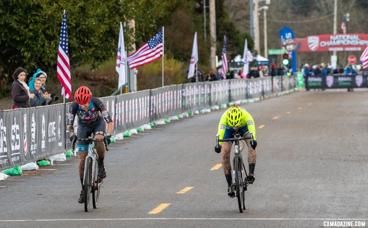 Jenna Lingwood and Heidi Wood throw it down for the last two spots in the top ten. Lingwood takes ninth by a tire. Masters Women 35-39. 2019 Cyclocross National Championships, Lakewood, WA. © A. Yee / Cyclocross Magazine