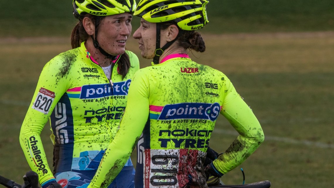 Alexandra Burton and Jenna Lingwood discuss their top-ten finishes after the race. Masters Women 35-39. 2019 Cyclocross National Championships, Lakewood, WA. © A. Yee / Cyclocross Magazine
