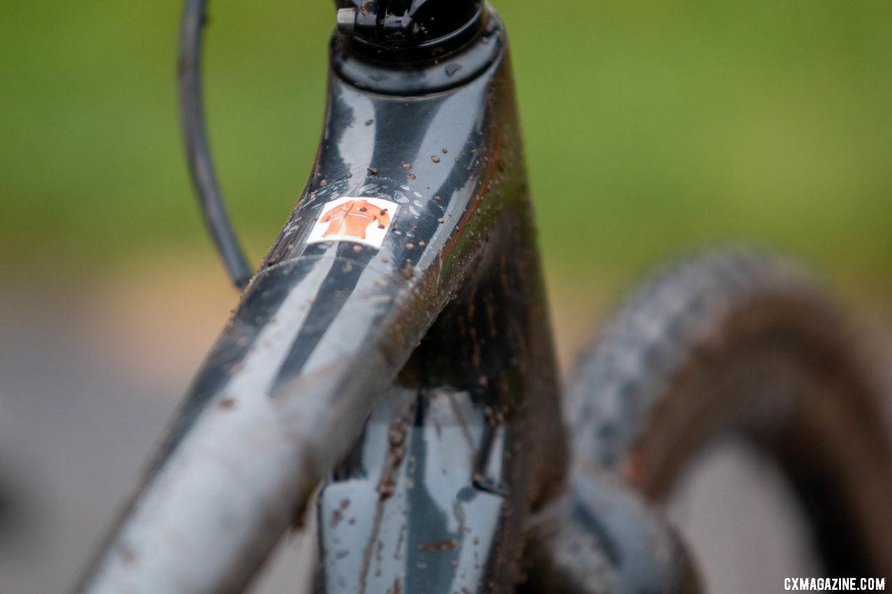 A top tube sticker provides some secret motivation. 2019 Cyclocross National Championships, Lakewood, WA. © A. Yee / Cyclocross Magazine