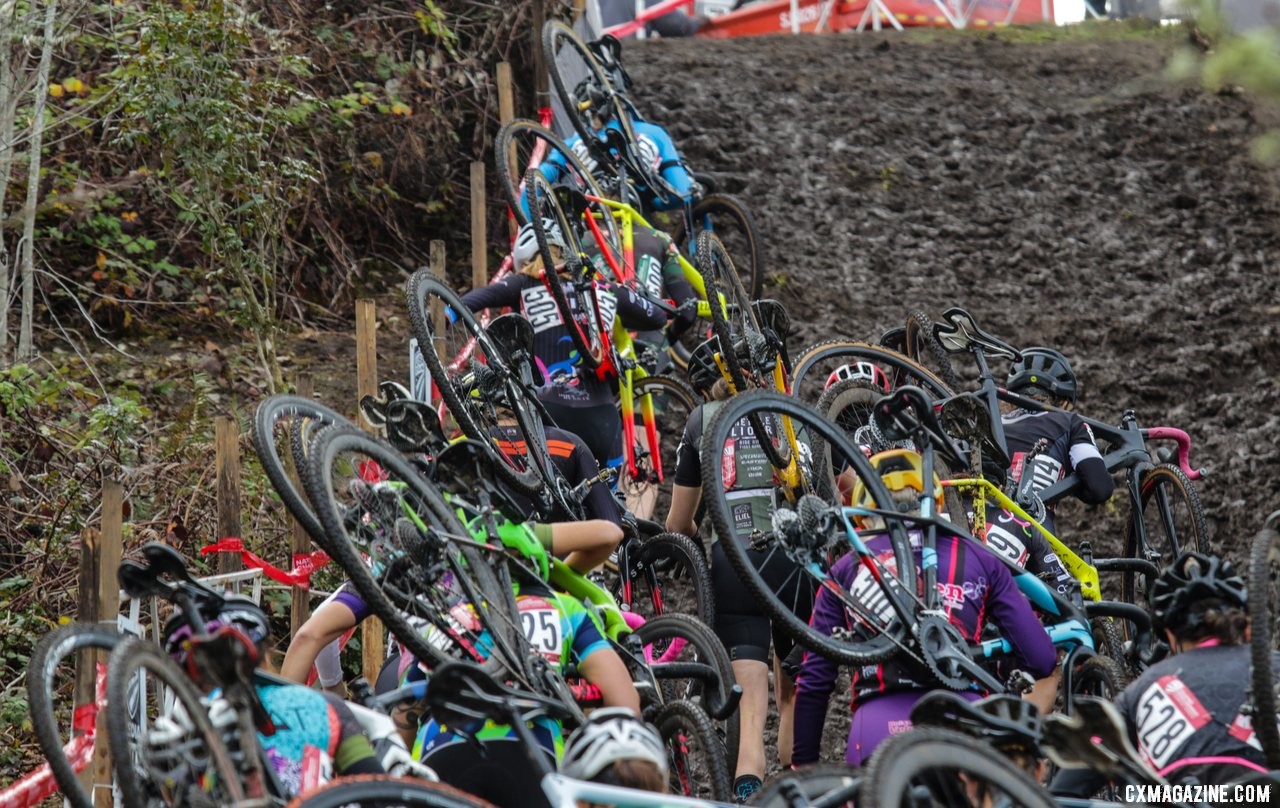 Riders defy gravity and cascade uphill on the first climb of the race. Masters Women 40-44. 2019 Cyclocross National Championships, Lakewood, WA. © D. Mable / Cyclocross Magazine