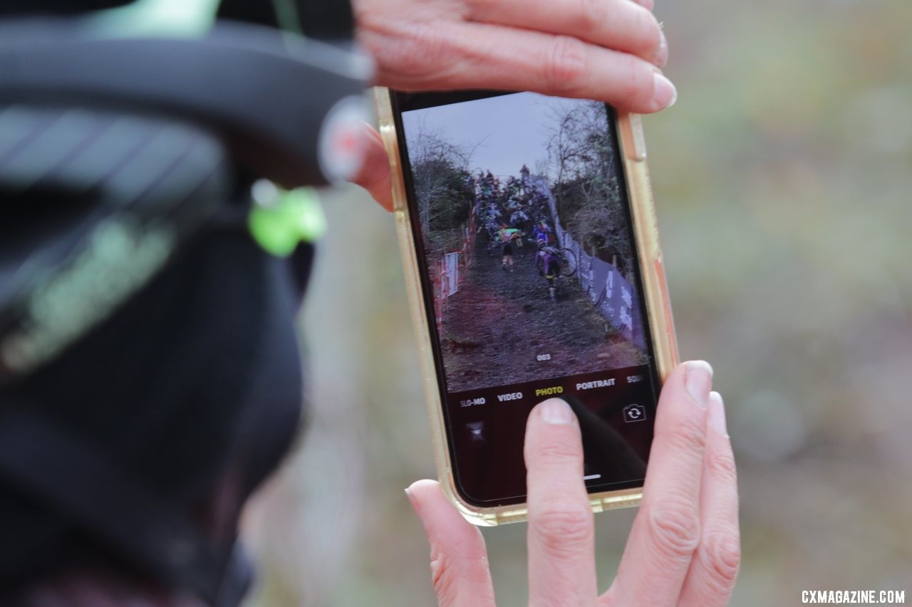 Just in case Cyclocross Magazine's photos don't cut it, this spectator takes matters into her own hands. Masters Women 40-44. 2019 Cyclocross National Championships, Lakewood, WA. © D. Mable / Cyclocross Magazine