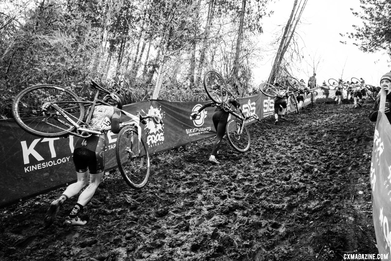 The run-up dried out compared to Thursday but is filled with holes. Masters Women 40-44. 2019 Cyclocross National Championships, Lakewood, WA. © A. Yee / Cyclocross Magazine