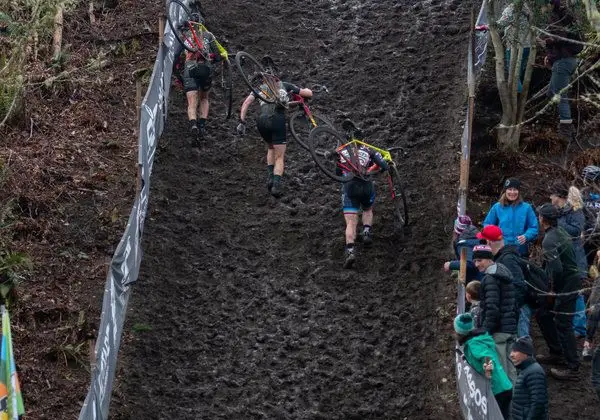 The three-way battle for the last steps of the podium. Masters Women 40-44. 2019 Cyclocross National Championships, Lakewood, WA. © A. Yee / Cyclocross Magazine