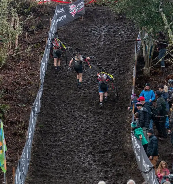 The three-way battle for the last steps of the podium. Masters Women 40-44. 2019 Cyclocross National Championships, Lakewood, WA. © A. Yee / Cyclocross Magazine