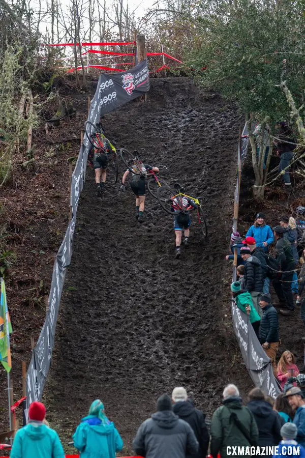 The three-way battle for the last steps of the podium. Masters Women 40-44. 2019 Cyclocross National Championships, Lakewood, WA. © A. Yee / Cyclocross Magazine