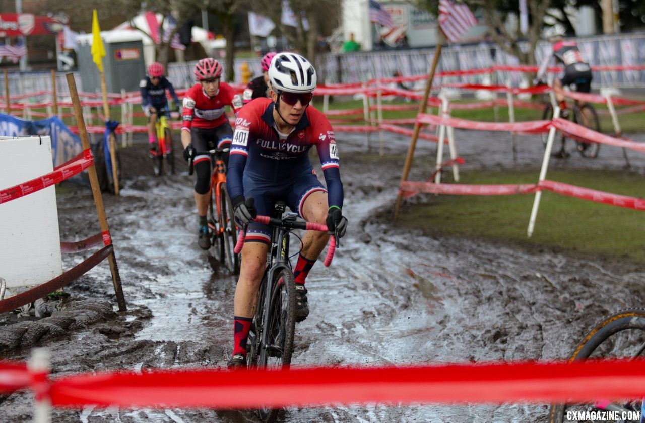 Kristin Weber leads a group into a sloppy corner early in the race. Masters Women 45-49. 2019 Cyclocross National Championships, Lakewood, WA. © D. Mable / Cyclocross Magazine