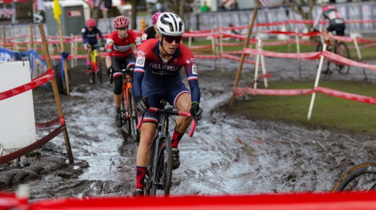 Kristin Weber leads a group into a sloppy corner early in the race. Masters Women 45-49. 2019 Cyclocross National Championships, Lakewood, WA. © D. Mable / Cyclocross Magazine