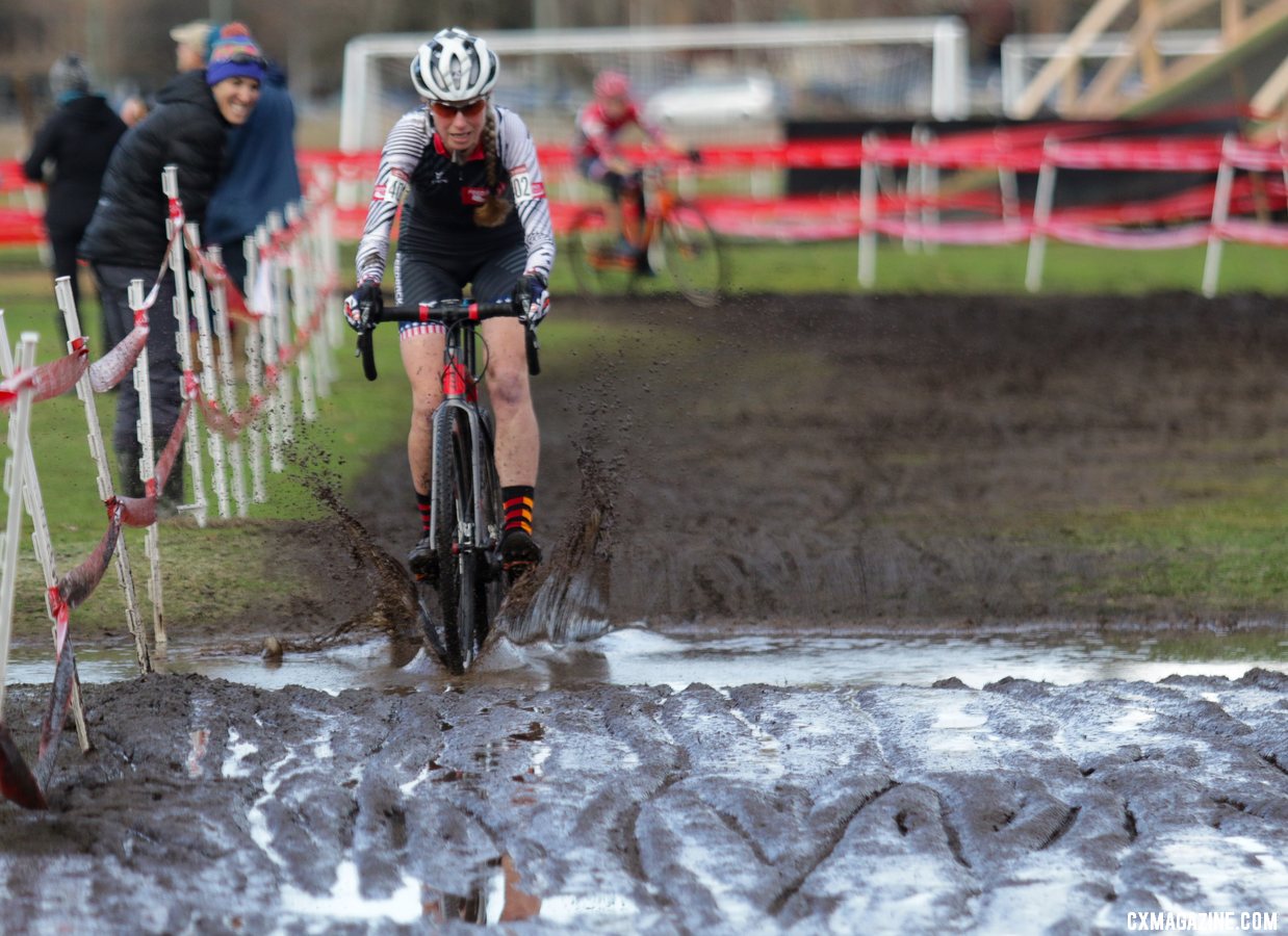 Monica Lloyd closed in on Melissa Barker in the last lap. Masters Women 45-49. 2019 Cyclocross National Championships, Lakewood, WA. © D. Mable / Cyclocross Magazine