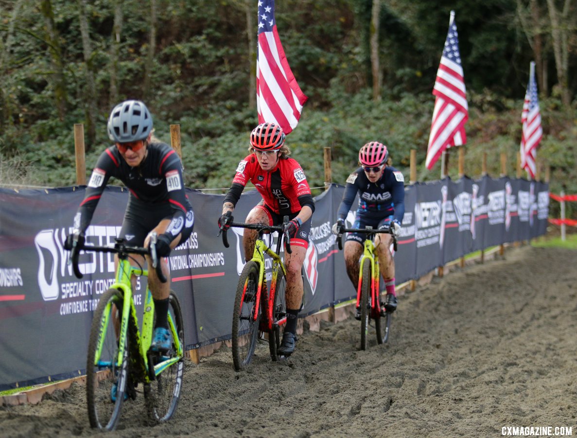 A group of three riders tackle the loose sand pit. Masters Women 45-49. 2019 Cyclocross National Championships, Lakewood, WA. © D. Mable / Cyclocross Magazine