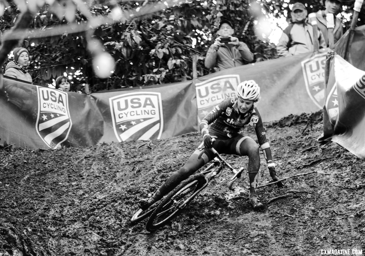 It really is slippery mud! Just ask Gina Estep! Masters Women 45-49. 2019 Cyclocross National Championships, Lakewood, WA. © D. Mable / Cyclocross Magazine