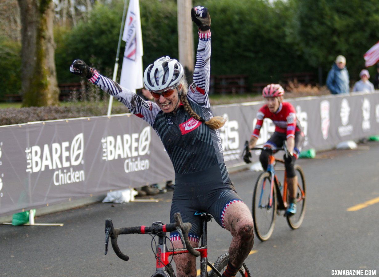 Melissa Barker celebrates just before crossing the line ahead of Monica Lloyd. Masters Women 45-49. 2019 Cyclocross National Championships, Lakewood, WA. © D. Mable / Cyclocross Magazine