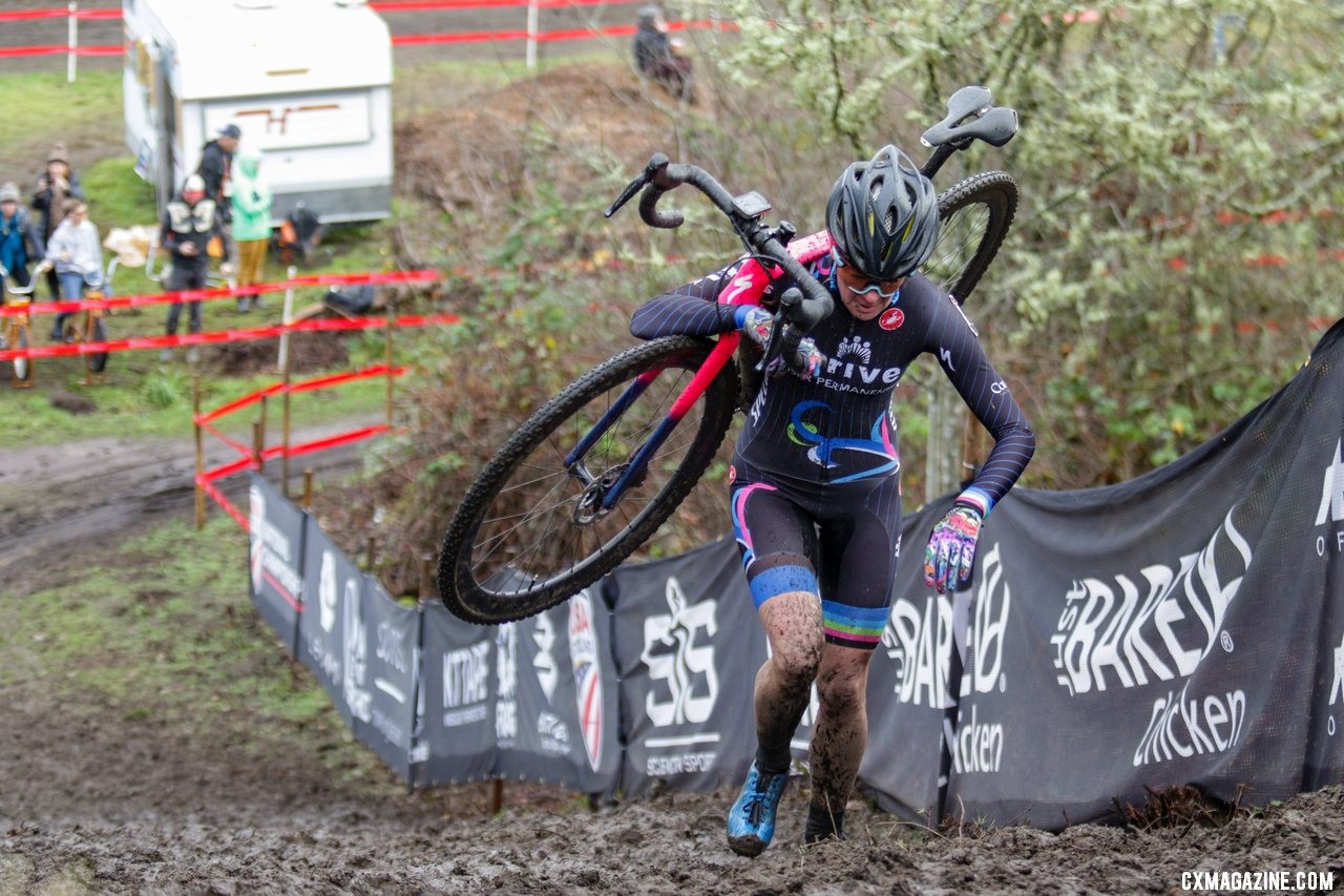 Julie Robertson Zivin leads up a climb on her home-town course. Masters Women 50-54. 2019 Cyclocross National Championships, Lakewood, WA. © D. Mable / Cyclocross Magazine