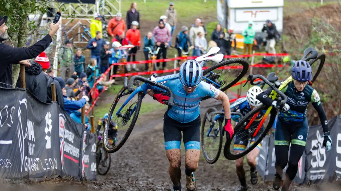 Elizabeth Sheldon is cheered on as she leads a small group of Masters Women 50-54. 2019 Cyclocross National Championships, Lakewood, WA. © D. Mable / Cyclocross Magazine