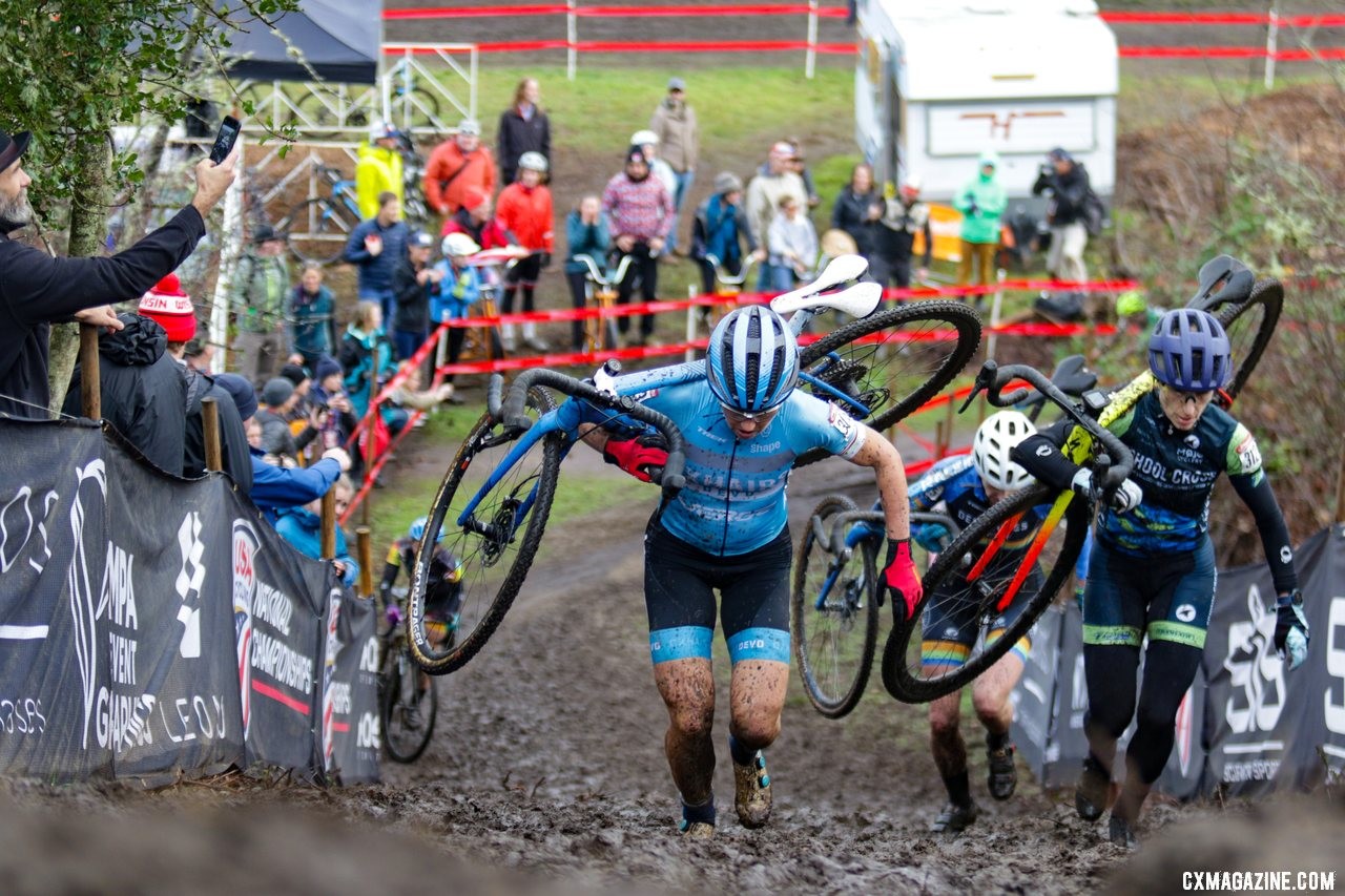Elizabeth Sheldon is cheered on as she leads a small group of Masters Women 50-54. 2019 Cyclocross National Championships, Lakewood, WA. © D. Mable / Cyclocross Magazine