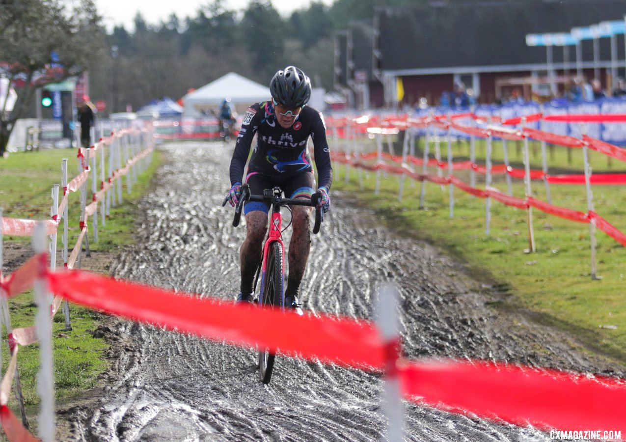 Elizabeth Sheldon, just entering the straight in the background, stayed just in site of leader Julie Robertson Zivin. Masters Women 50-54. 2019 Cyclocross National Championships, Lakewood, WA. © D. Mable / Cyclocross Magazine