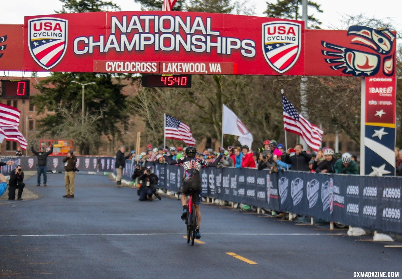 Julie Robertson Zivin held on to win the Masters Women 50-54 race on Friday. 2019 Cyclocross National Championships, Lakewood, WA. © D. Mable / Cyclocross Magazine