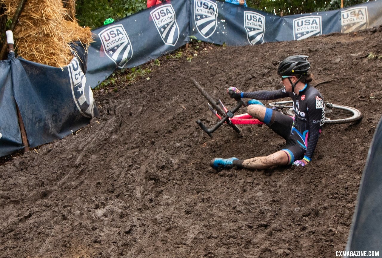 Julie Robertson Zivin crashed on the second descent but maintained her lead. Masters Women 50-54. 2019 Cyclocross National Championships, Lakewood, WA. © A. Yee / Cyclocross Magazine