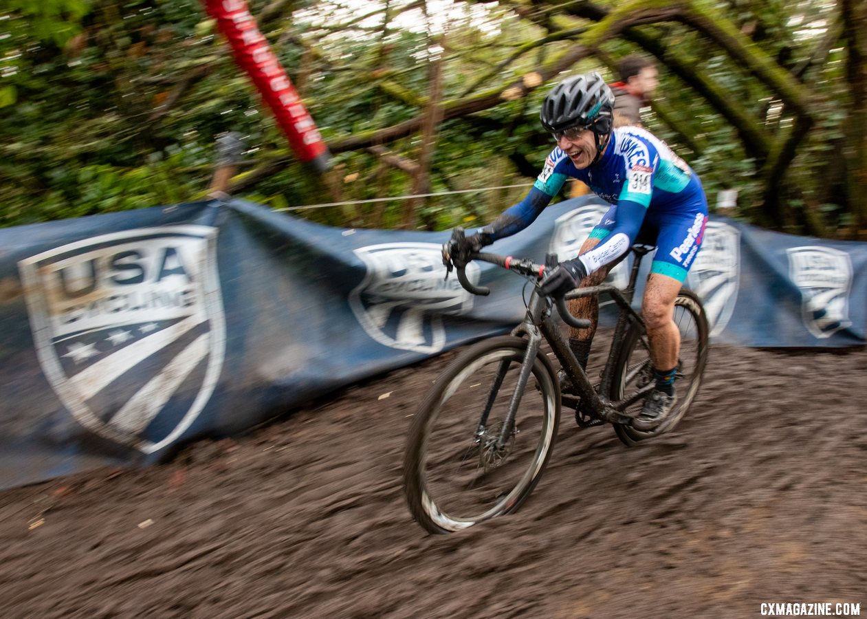 Syrae Weikle looks like she's having too much fun blasting down one of the descents. Masters Women 50-54. 2019 Cyclocross National Championships, Lakewood, WA. © A. Yee / Cyclocross Magazine
