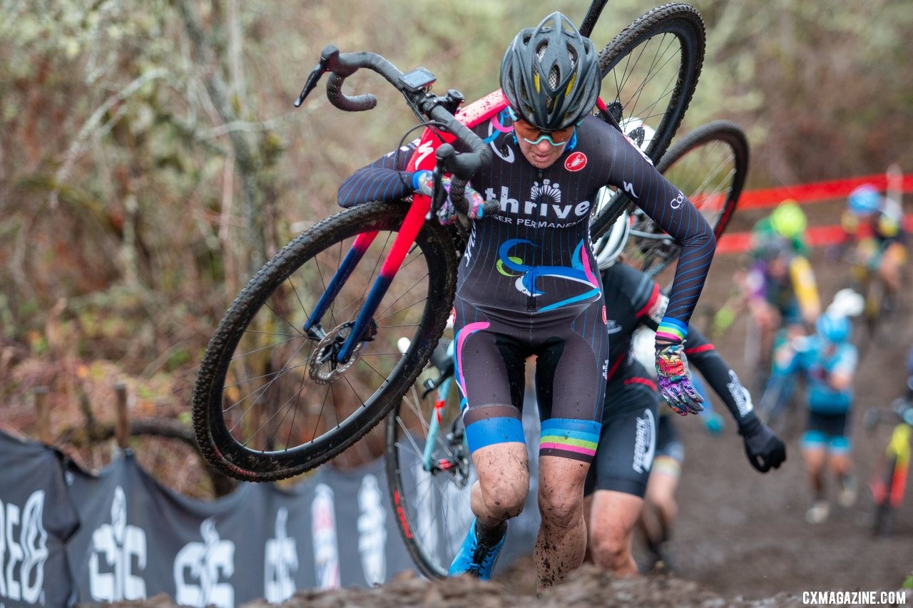 Julie Robertson Zivin runs to the top of the first climb. Masters Women 50-54. 2019 Cyclocross National Championships, Lakewood, WA. © A. Yee / Cyclocross Magazine
