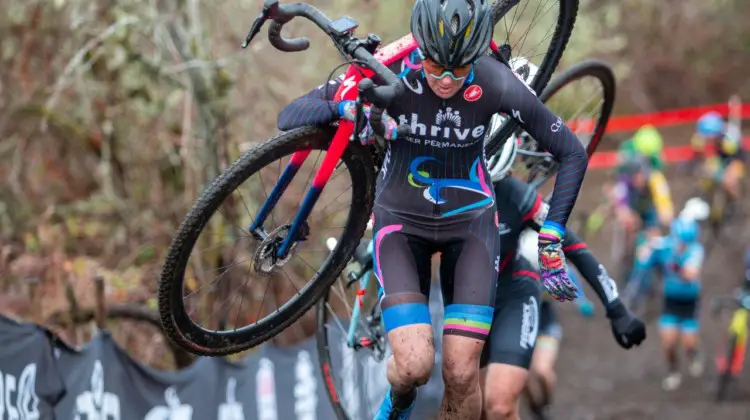 Julie Robertson Zivin runs to the top of the first climb. Masters Women 50-54. 2019 Cyclocross National Championships, Lakewood, WA. © A. Yee / Cyclocross Magazine