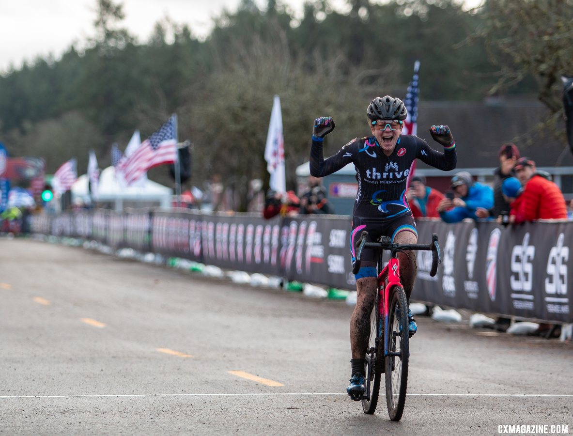 Julie Robertson Zivin celebrates her Masters Women 50-54 title win. 2019 Cyclocross National Championships, Lakewood, WA. © A. Yee / Cyclocross Magazine