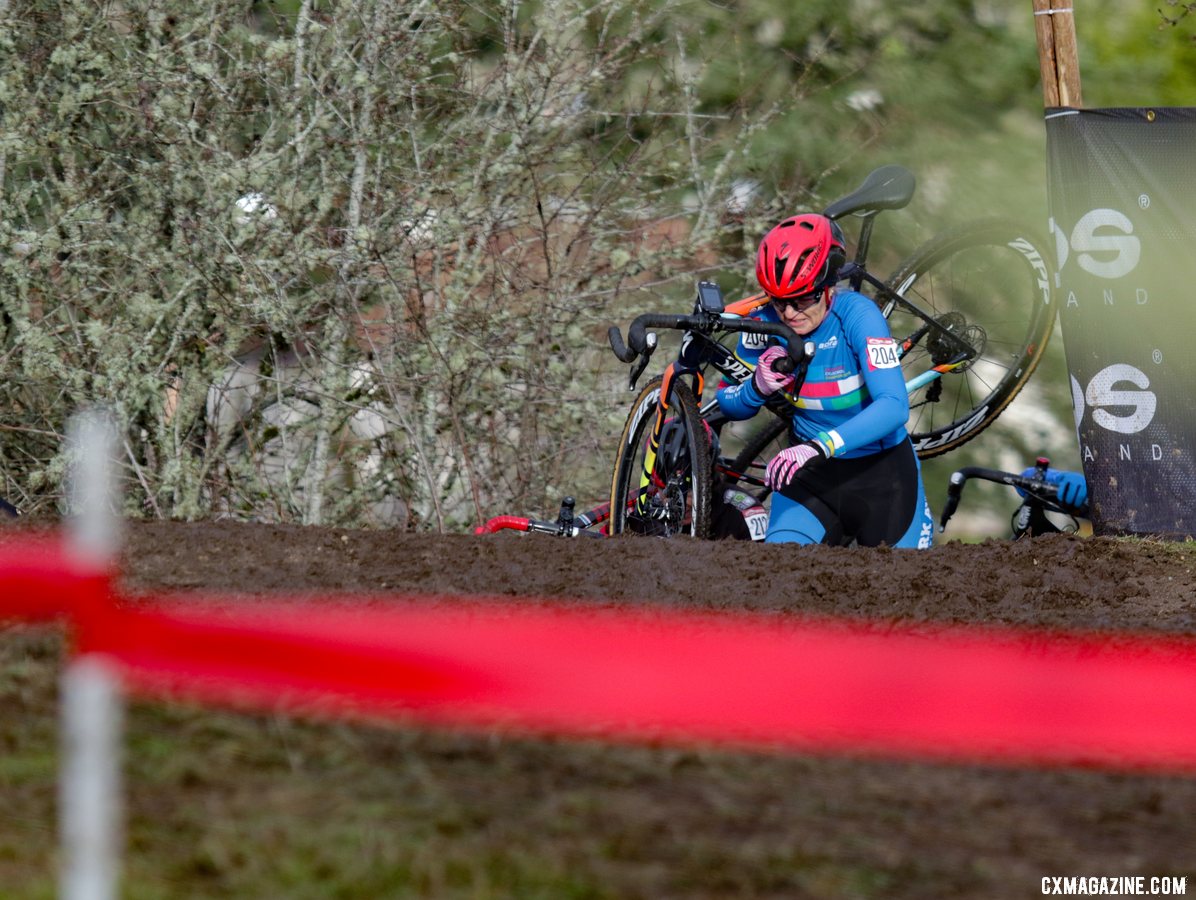 Topping out first on the initial climb of the Masters Women's 55-59 race. Masters Women 55-59. 2019 Cyclocross National Championships, Lakewood, WA. © D. Mable / Cyclocross Magazine