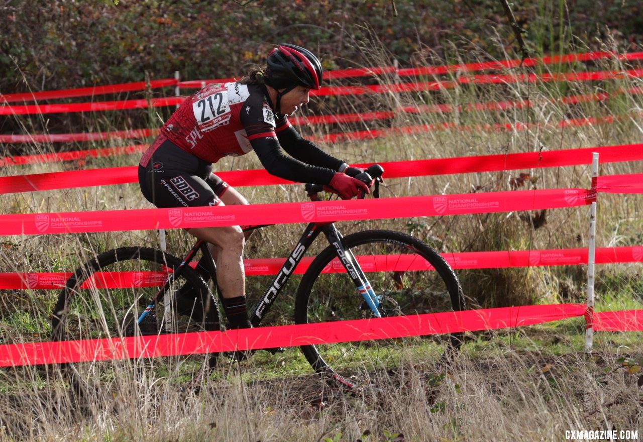 Patricia Murray led through the old apple grove early in the race. Masters Women 55-59. 2019 Cyclocross National Championships, Lakewood, WA. © D. Mable / Cyclocross Magazine