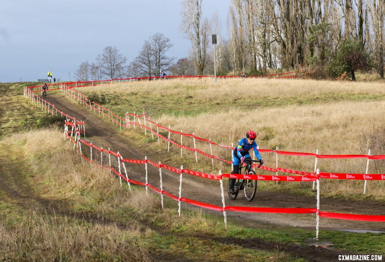 Merit Sheffield opens up a gap on the back side of the course. Masters Women 55-59. 2019 Cyclocross National Championships, Lakewood, WA. © D. Mable / Cyclocross Magazine