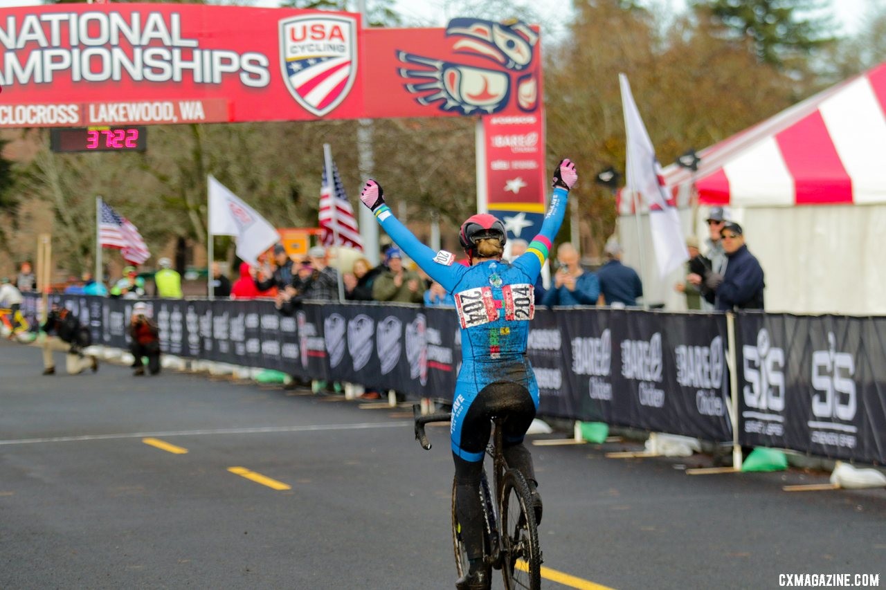 Marit Sheffield comes home to a crowd as she earns a stars and stripes National Championship jersey. Masters Women 55-59. 2019 Cyclocross National Championships, Lakewood, WA. © D. Mable / Cyclocross Magazine