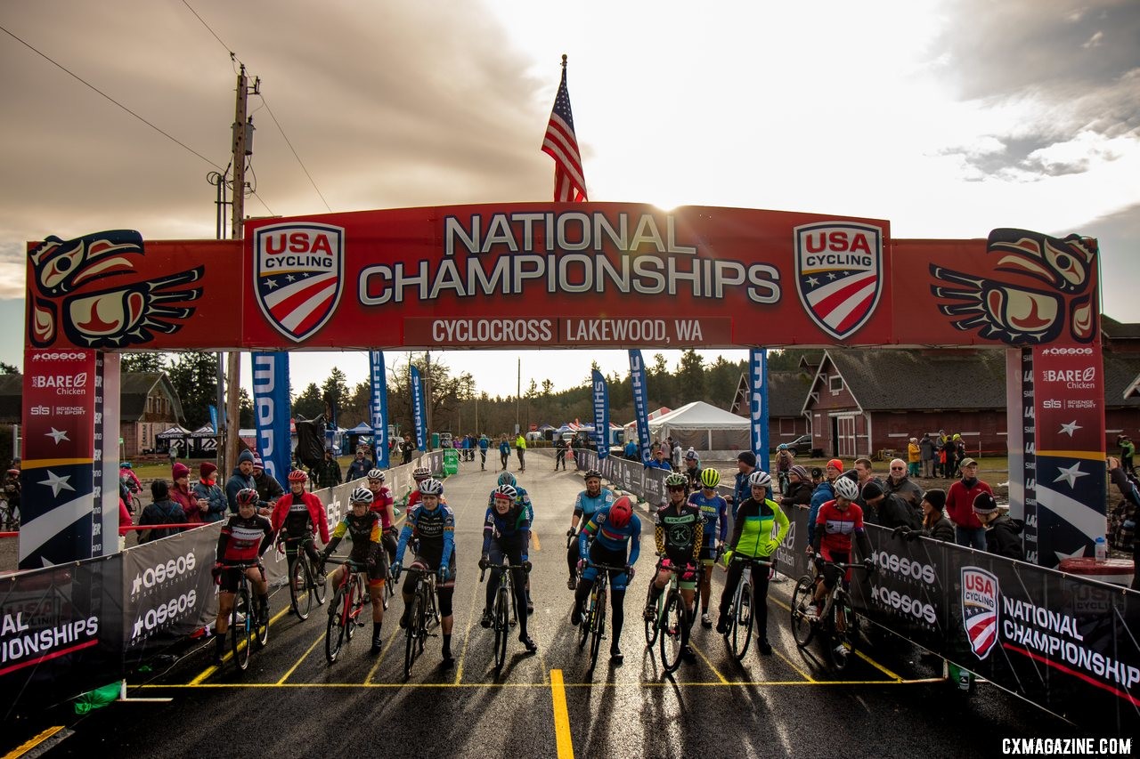 The Masters Women 55-59 field readies for the start. Masters Women 55-59. 2019 Cyclocross National Championships, Lakewood, WA. © A. Yee / Cyclocross Magazine