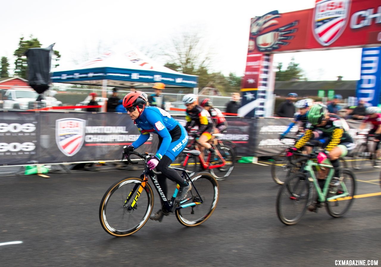 The power of the PanAm Champions jersey helped Merit Sheffield jump out in front at the start of the Masters women 55-59 race on Friday morning. Masters Women 55-59. 2019 Cyclocross National Championships, Lakewood, WA. © A. Yee / Cyclocross Magazine