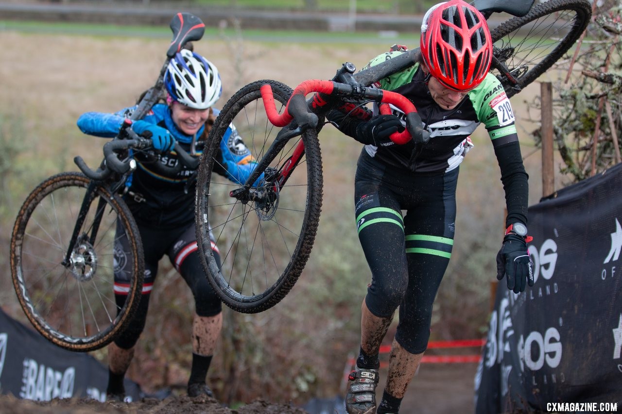 Jitka Cole reaches the top of the courses first climb, just ahead of Carolyn Daubeny. Masters Women 55-59. 2019 Cyclocross National Championships, Lakewood, WA. © A. Yee / Cyclocross Magazine