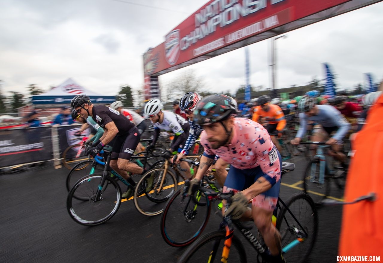 Justin Robinson is first off the line. 2019 Cyclocross National Championships, Lakewood, WA. © A. Yee / Cyclocross Magazine