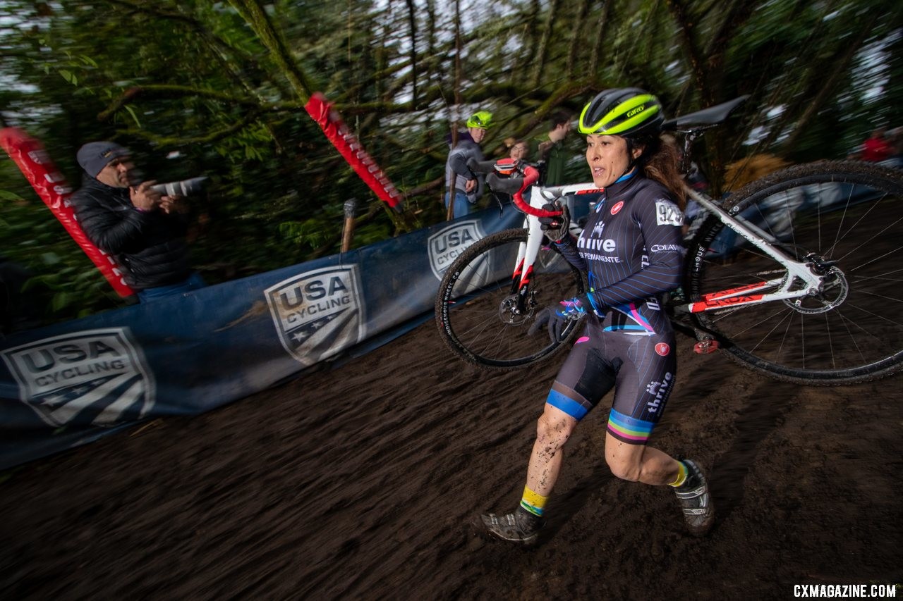 A local rider went to foot to get down the descent. Singlespeed Women. 2019 Cyclocross National Championships, Lakewood, WA. © A. Yee / Cyclocross Magazine