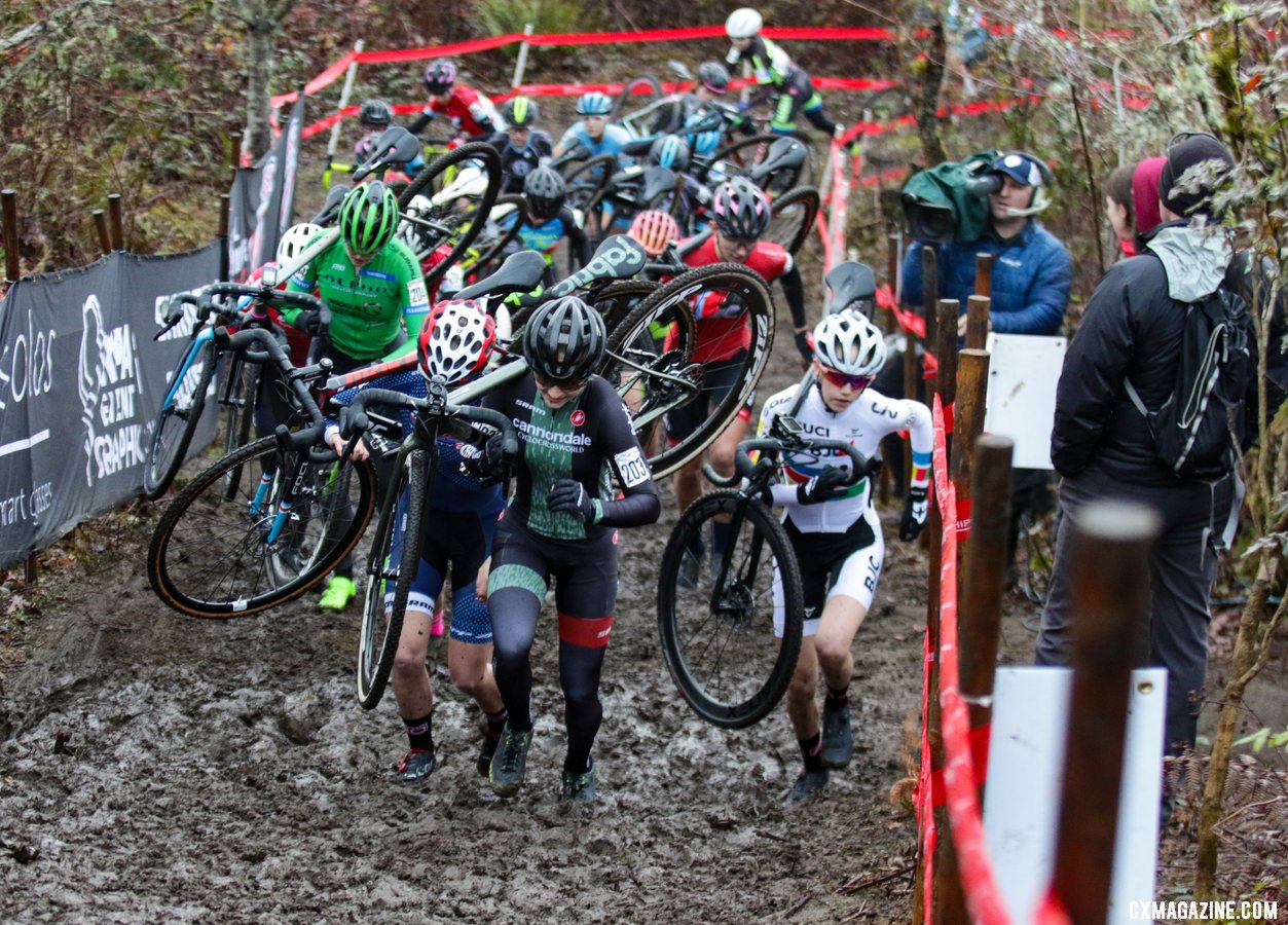 Lizzy Gunsalus leads the way up the first climb of the race. Junior Women. 2019 Cyclocross National Championships, Lakewood, WA. © D. Mable / Cyclocross Magazine