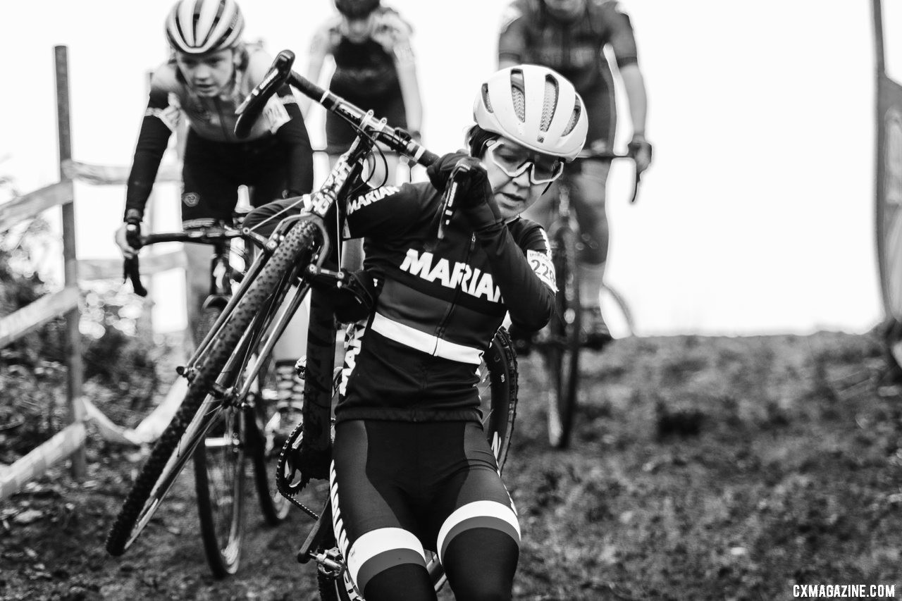 Allison McCurry exercises caution as she descends the UCI-only drop just after the first run-up. Junior Women. 2019 Cyclocross National Championships, Lakewood, WA. © D. Mable / Cyclocross Magazine