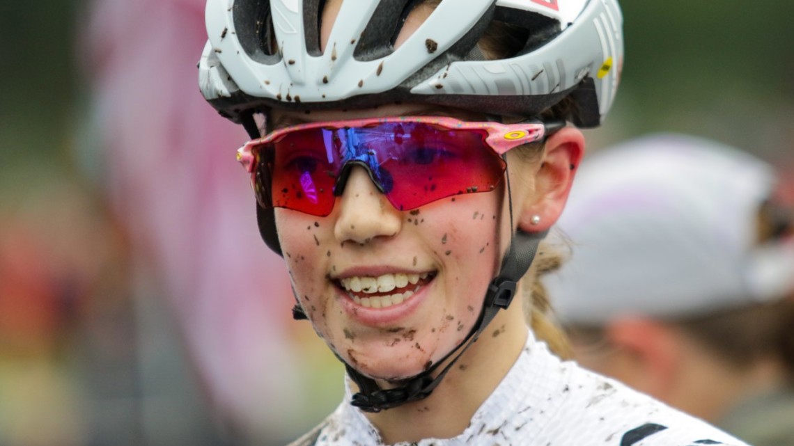 Madigan Munro is all smiles after earning the right to wear the stars and stripes jersey for the next year. Junior Women. 2019 Cyclocross National Championships, Lakewood, WA. © D. Mable / Cyclocross Magazine