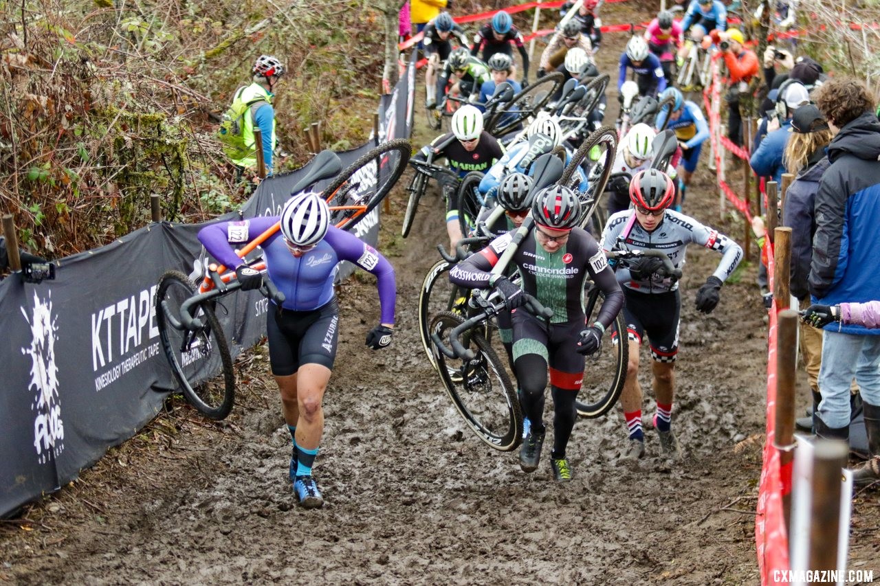 Kobi Gyetvan (122) and Lane Maher (102) lead the charge up the first climb of the race. U23 Men. 2019 Cyclocross National Championships, Lakewood, WA. © D. Mable / Cyclocross Magazine