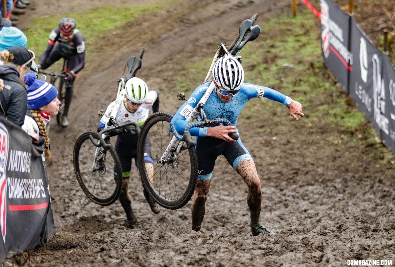 Alex Morton and Caleb Swartz chase Eric Brunner up one of the steep, muddy climbs. U23 Men. 2019 Cyclocross National Championships, Lakewood, WA. © D. Mable / Cyclocross Magazine