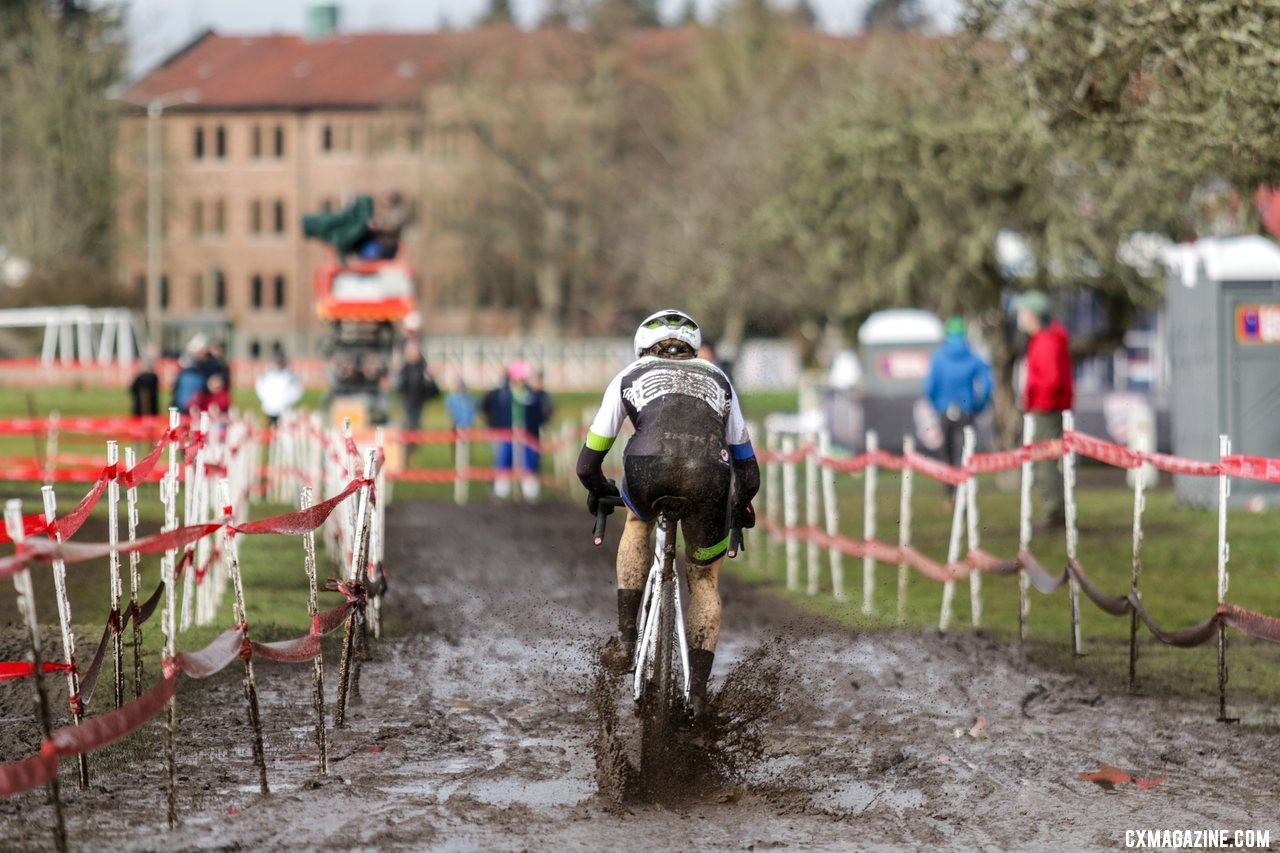 Caleb Swartz powers through the mud trying to close the gap to Eric Brunner. U23 Men. 2019 Cyclocross National Championships, Lakewood, WA. © D. Mable / Cyclocross Magazine