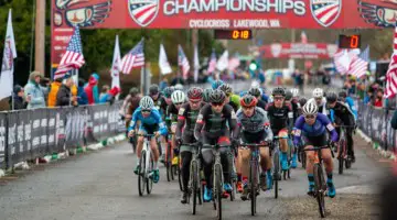 Kobi Gyetvan goes wide left before the first left-hand corner at the start of the U23 race. U23 Men. 2019 Cyclocross National Championships, Lakewood, WA. © A. Yee / Cyclocross Magazine