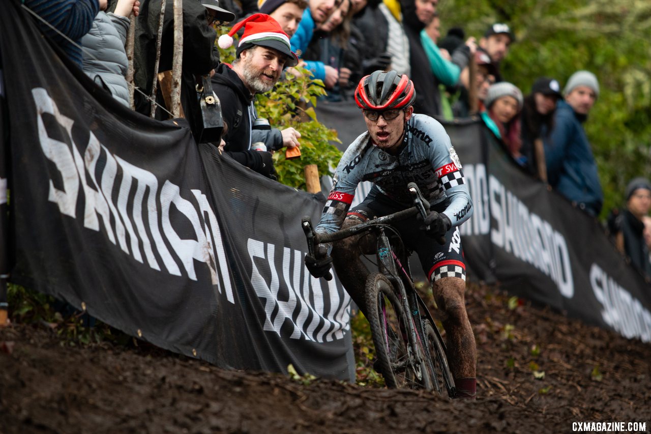 Scott Funston eyes the off camber drop on the UCI-only section of the course. U23 Men. 2019 Cyclocross National Championships, Lakewood, WA. © A. Yee / Cyclocross Magazine