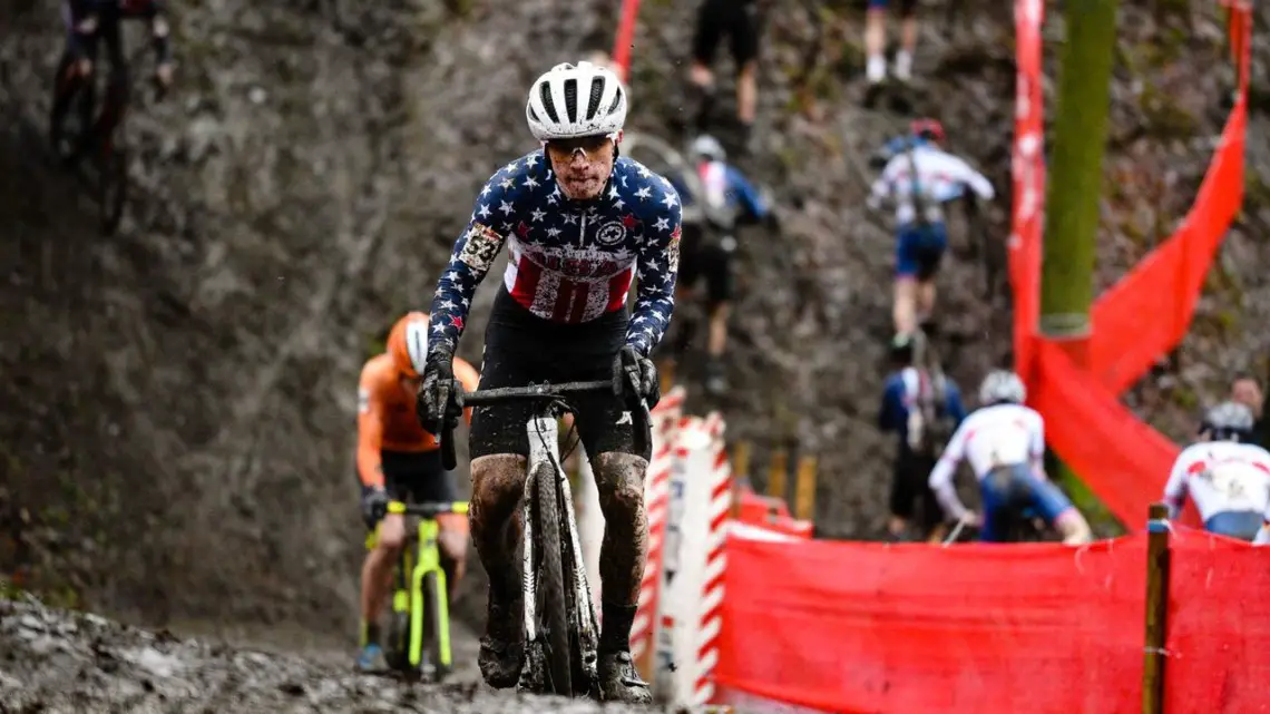Andrew Strohmeyer tries to keep traction on a steep up. Junior Men, 2019 Namur UCI Cyclocross World Cup. © B. Hazen / Cyclocross Magazine