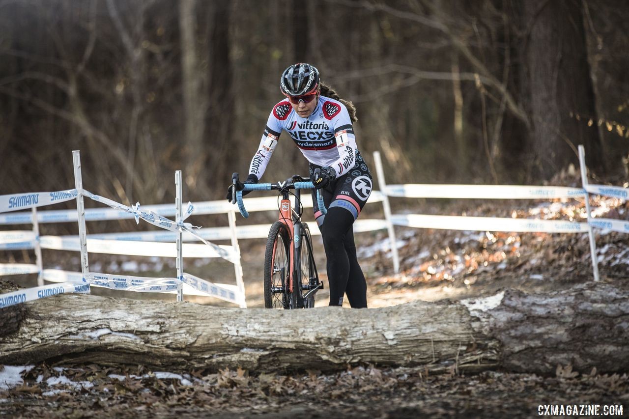 Rebecca Fahringer stares down the log en route to her win. 2019 NBX Gran Prix of Cross Day 1. © Angelica Dixon